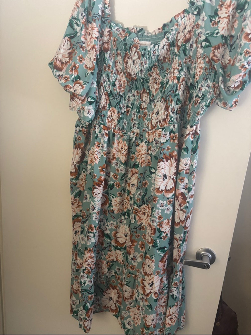 LC Lauren Conrad Teal Floral Smocked Dress with Brown Accents